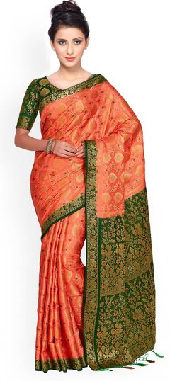 Orange color Saree in Kanchipuram Silk, Silk fabric with Thread, Zari work