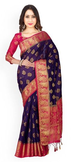 Purple and Violet color Saree in Kanchipuram Silk, Silk fabric with Thread, Zari work