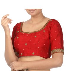 Red and Maroon color Blouse in Raw Silk, Shimmer fabric with Cut Dana, Zardozi work