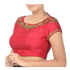 Pink and Majenta color Blouse in Raw Silk fabric with Embroidered, Thread work