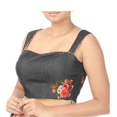 Black and Grey color Blouse in Cotton, Denim fabric with Embroidered, Thread work