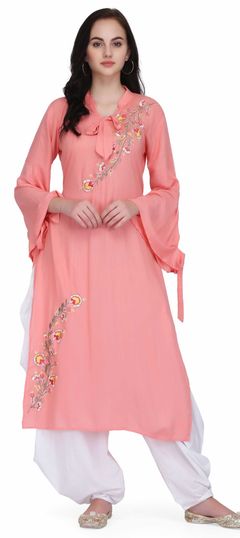 Pink and Majenta color Tunic with Bottom in Rayon fabric with Embroidered, Resham, Thread work