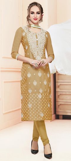 Gold color Salwar Kameez in Cotton fabric with Embroidered, Resham, Thread work