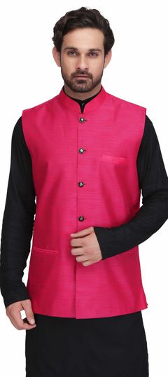 Pink and Majenta color Nehru Jacket in Art Silk fabric with Thread work