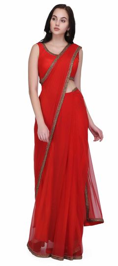 Red and Maroon color Saree in Net fabric with Lace, Sequence work