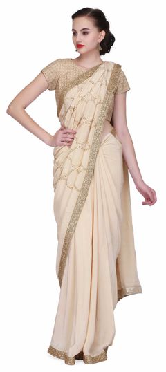 1523640: Designer, Party Wear Gold color Saree in Crepe Silk, Silk fabric with Embroidered, Stone, Thread, Zari work