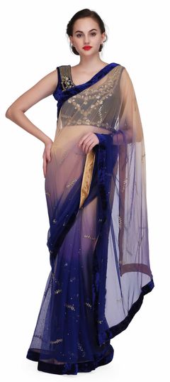 1523641: Designer, Party Wear Beige and Brown, Blue color Saree in Net fabric with Stone, Zircon work