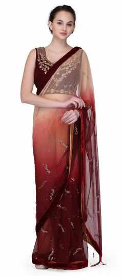 1523645: Designer, Party Wear Beige and Brown, Red and Maroon color Saree in Net fabric with Stone, Zircon work