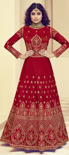 Red and Maroon color Salwar Kameez in Raw Silk fabric with Embroidered, Stone, Thread, Zari work