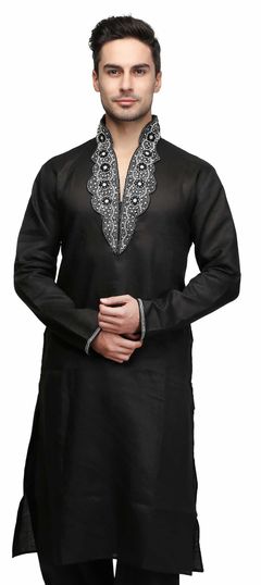 Black and Grey color Kurta in Raw Silk fabric with Sequence, Stone, Zari work