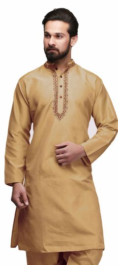 Beige and Brown color Kurta in Cotton fabric with Embroidered, Thread work