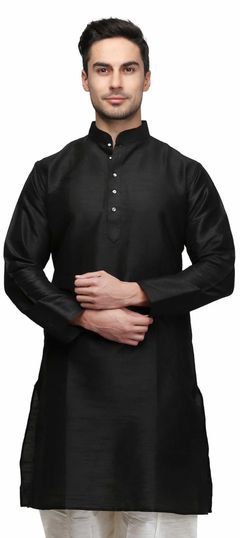 Black and Grey color Kurta in Raw Silk fabric with Thread work