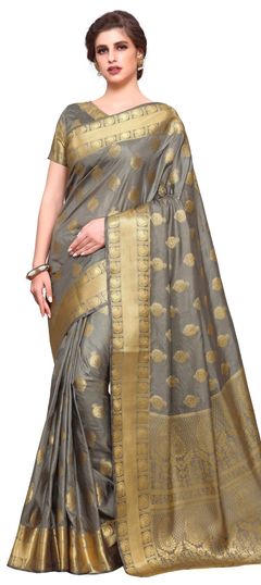 Black and Grey color Saree in Kanchipuram Silk, Silk fabric with Weaving work