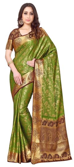 Green color Saree in Kanjeevaram Silk, Silk fabric with Weaving work