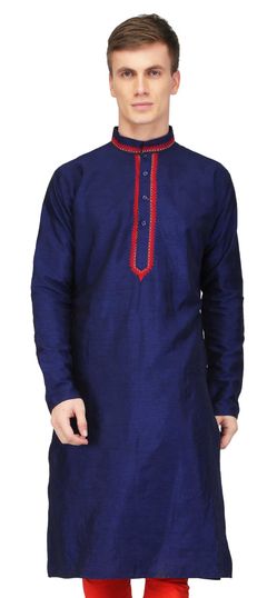 1524053: Blue color Kurta in Raw Silk fabric with Embroidered, Thread work