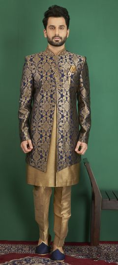 Blue, Gold color IndoWestern Dress in Brocade, Jacquard fabric with Embroidered, Thread work