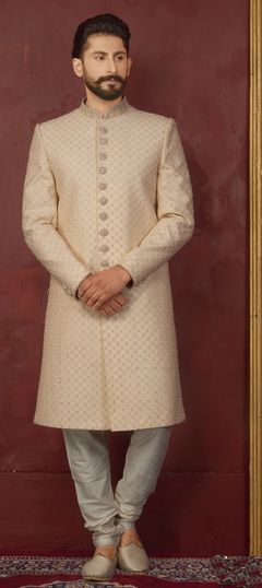 Beige and Brown color Sherwani in Brocade, Jacquard fabric with Stone, Thread work