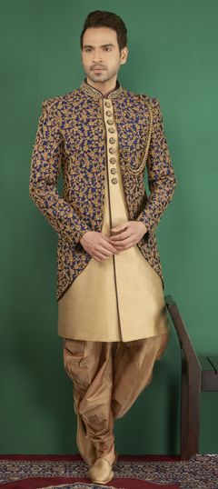 Blue, Gold color IndoWestern Dress in Brocade, Jacquard fabric with Embroidered, Thread, Zari work