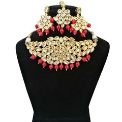 Gold Rodium Polish Red and Maroon color Necklace in Metal Alloy studded with CZ Diamond, Kundan