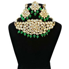 Gold Rodium Polish Green color Necklace in Metal Alloy studded with CZ Diamond, Kundan