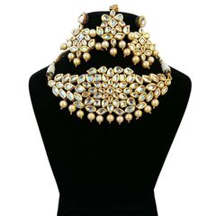 Gold Rodium Polish White and Off White color Necklace in Metal Alloy studded with CZ Diamond, Kundan