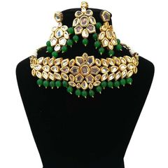 Gold Rodium Polish Green color Necklace in Metal Alloy studded with CZ Diamond, Kundan