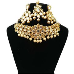 Gold Rodium Polish Beige and Brown color Necklace in Metal Alloy studded with CZ Diamond, Kundan