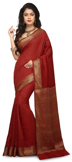 Red and Maroon color Saree in Banarasi Silk, Silk fabric with Weaving work