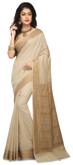 Beige and Brown color Saree in Banarasi Silk, Silk fabric with Weaving work