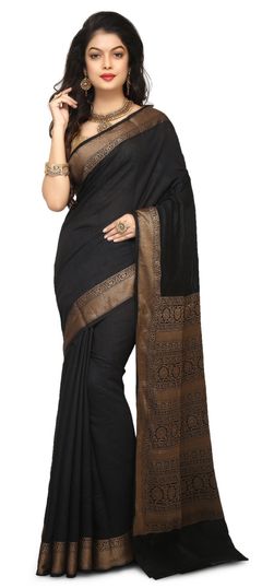 Black and Grey color Saree in Banarasi Silk, Silk fabric with Weaving work