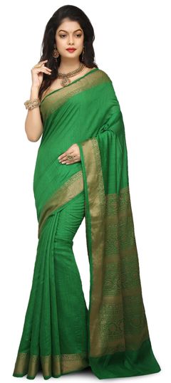 Green color Saree in Banarasi Silk, Silk fabric with Weaving work