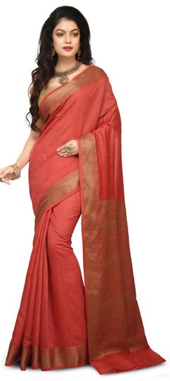 Red and Maroon color Saree in Banarasi Silk, Silk fabric with Weaving work