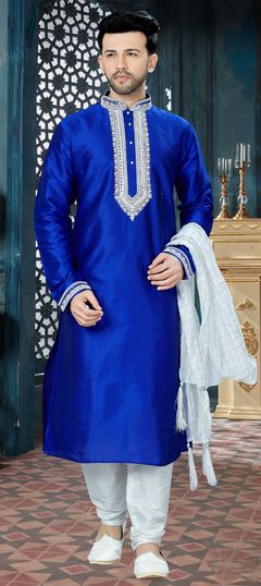 Blue color Kurta Pyjamas in Art Dupion Silk fabric with Lace, Resham, Stone, Thread work