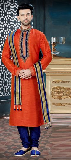 Orange color Kurta Pyjamas in Bangalore Silk fabric with Stone, Valvet work