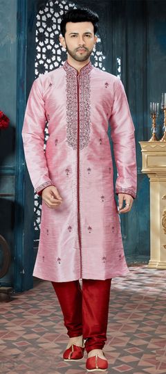 Pink and Majenta color Kurta Pyjamas in Art Dupion Silk fabric with Embroidered, Stone, Thread work