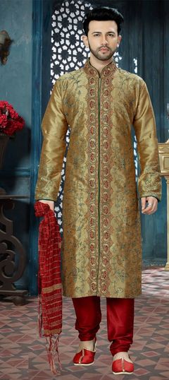 Beige and Brown color Kurta Pyjamas in Art Dupion Silk fabric with Embroidered, Stone, Thread work