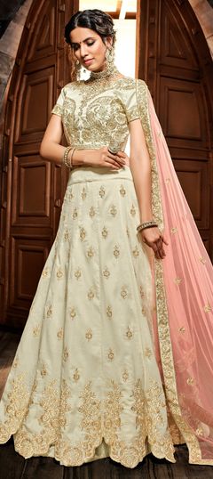 Mehendi Sangeet Beige and Brown color Lehenga in Silk fabric with Embroidered, Thread, Zari work : 1525868