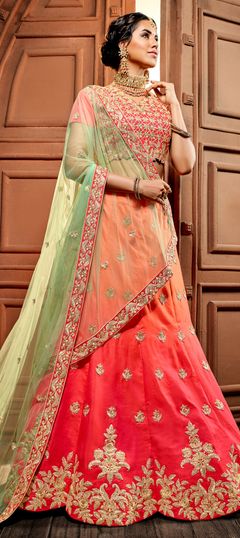 1525870: Mehendi Sangeet Orange color Lehenga in Silk fabric with Embroidered, Patch, Thread, Zari work