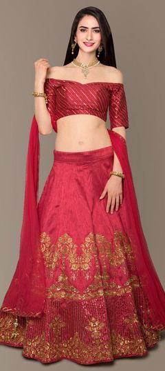 Red and Maroon color Lehenga in Bangalore Silk, Silk fabric with Embroidered, Sequence, Stone, Thread, Zari work