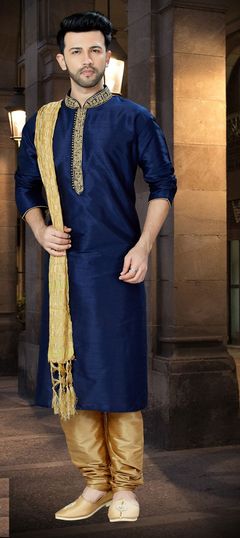 1528298: Blue color Kurta Pyjamas in Art Dupion Silk fabric with Resham, Thread, Zari work