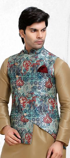 Multicolor color Nehru Jacket in Handloom fabric with Printed work