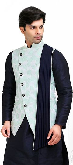 Multicolor color Nehru Jacket in Brocade fabric with Weaving work