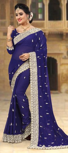 Blue color Saree in Gharchola fabric with Embroidered, Moti, Stone, Thread, Zari work