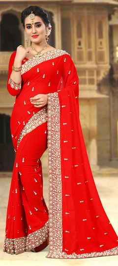 Red and Maroon color Saree in Georgette fabric with Embroidered, Moti, Stone, Thread, Zari work