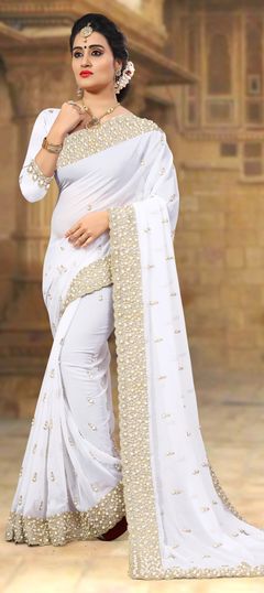 White and Off White color Saree in Georgette fabric with Embroidered, Moti, Stone, Thread, Zari work