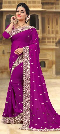 Pink and Majenta color Saree in Georgette fabric with Embroidered, Moti, Stone, Thread, Zari work