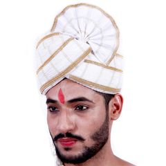 1529783: White and Off White color Turban in Shimmer fabric with Stone work