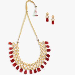 Gold Rodium Polish Red and Maroon, White and Off White color Necklace in Metal Alloy studded with CZ Diamond, Kundan