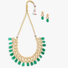 Gold Rodium Polish Green, White and Off White color Necklace in Metal Alloy studded with CZ Diamond, Kundan