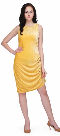 Yellow color Dress in Lycra, Velvet fabric with Thread work